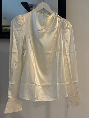 Elegant Cream Satin Long-Sleeve Blouse with Draped Neck